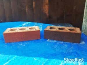 Burnt orange brick in comparison to brick tinted in burnt orange and speckled with coffee brown and carbon black brick tint