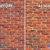 Before and after picture of brick wall following tinting of mortar joints