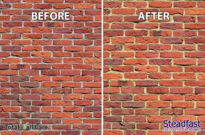 Before and after picture of brick wall following tinting of mortar joints
